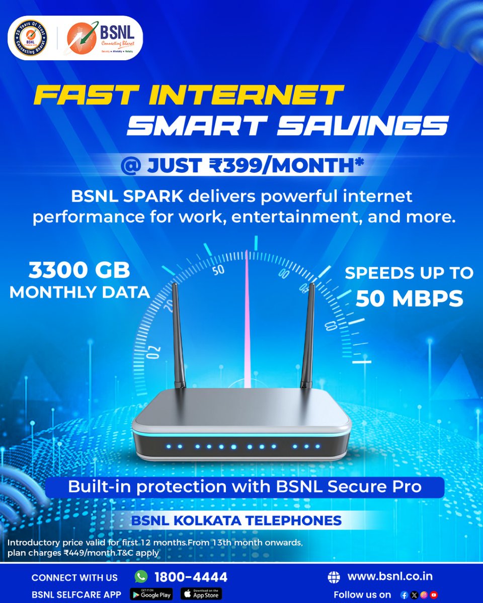 BSNL_KOTD's tweet image. Fast Internet with smart savings!

#BSNL #viral #4G  #UnlimitedCalls #StayConnected #BSNLKolkata #BSNLMobile #rechargenow #mobileplans #DigitalIndia  #UnlimitedCalls #explore  #CustomerService #data #INTERNET #FTTH