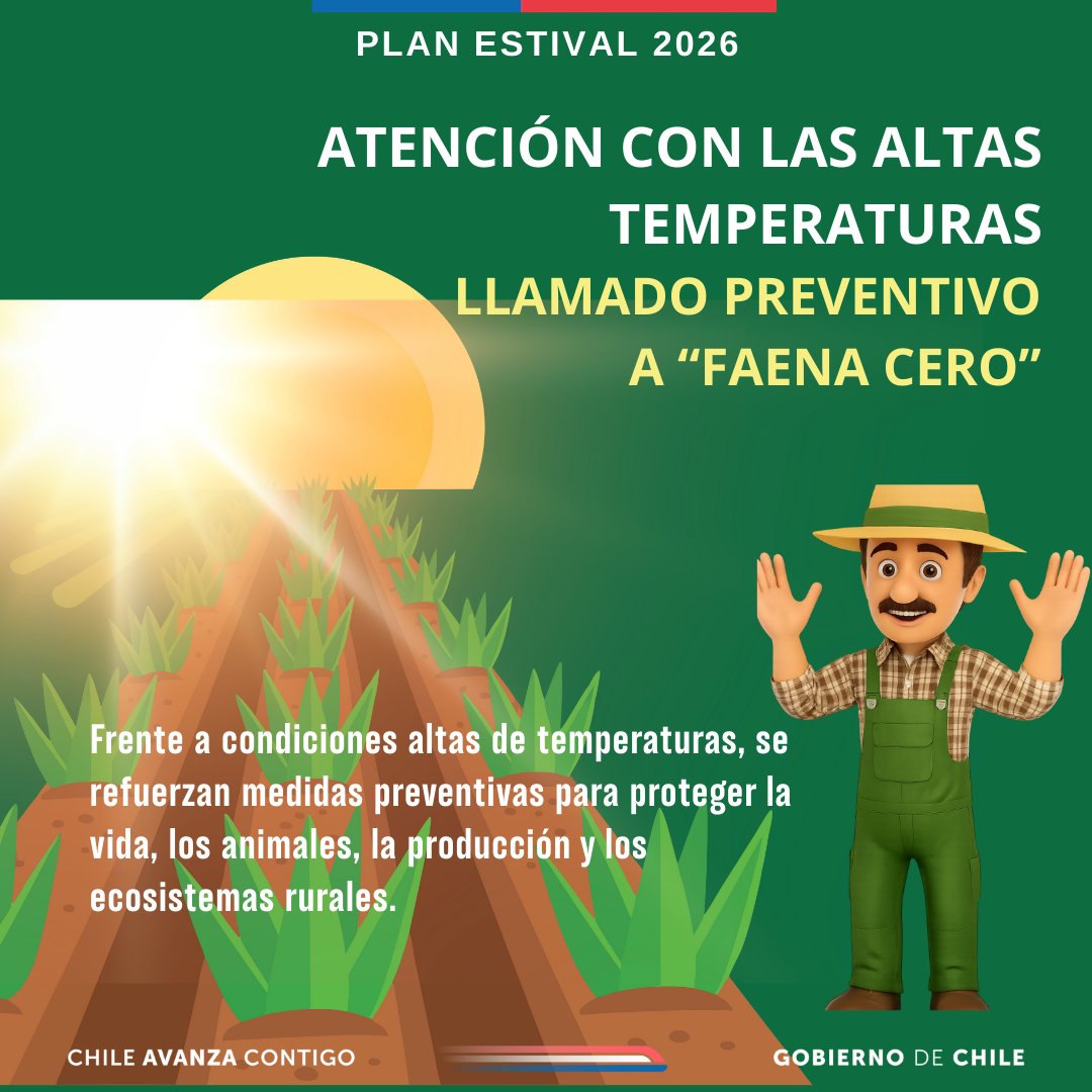AgroClimaticoCL's tweet photo. 🔥Atención con las altas temperaturas del periodo estival,  recuerde el llamado preventivo a Faena Cero para evitar incendios, proteger la vida, los animales, su producción y los ecosistemas rurales.
@MinagriCL @Senapred @conaf_minagri @meteochile_dmc https://t.co/aPiT2ub0Zt