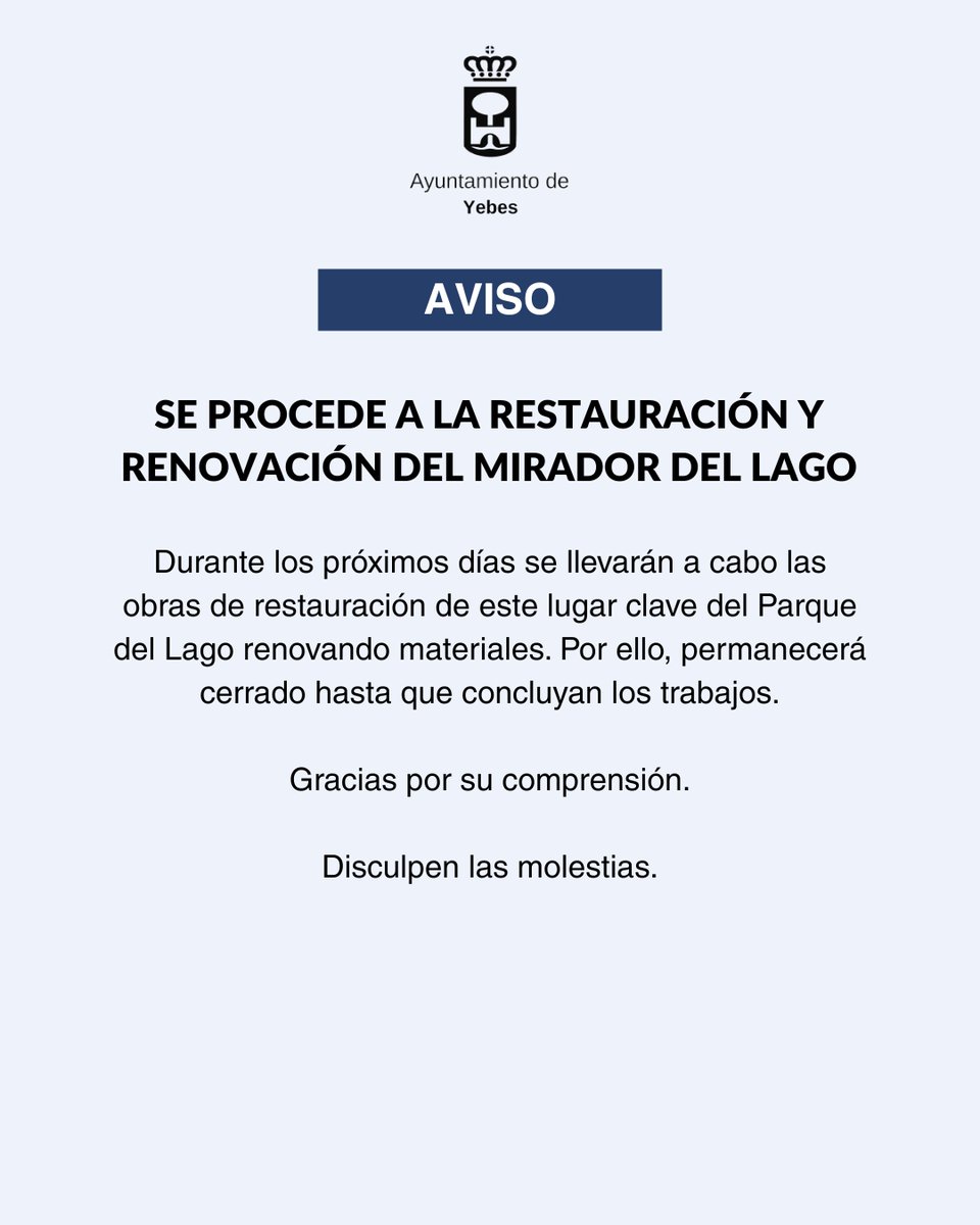 💙SE PROCEDE A LA RESTAURACIÓN DEL MIRADOR DEL LAGO

Durante los próximos días se llevarán a cabo las obras de restauración de este lugar clave del Parque del Lago renovando materiales. Permanecerá cerrado hasta que concluyan los trabajos.

Gracias por su comprensión