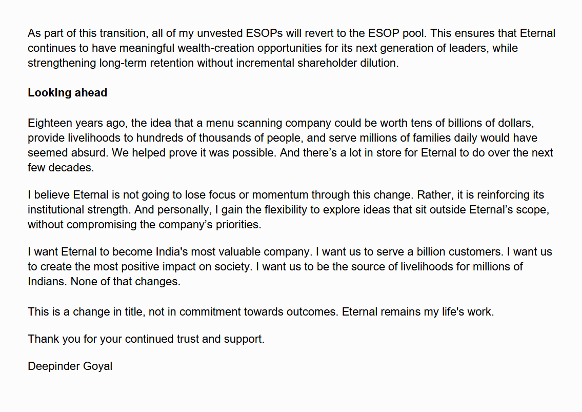 EquityTrends's tweet photo. I am a bit sad to see #Deepinder Goyal step down from the CEO role. He has been excellent as the CEO of #Eternal
I hope Albinder does an even better job as CEO but these are tough shoes to fill in. I wish him good luck.
Excellent results but CEO change is a negative IMHO. Let's see how the market reacts tomorrow.