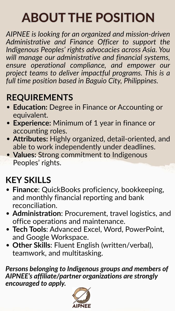 aipnee's tweet image. 📢AIPNEE is looking for an Administrative and Finance Officer to join our team!
✅Degree and experience in finance/accounting
✅Proficiency in QuickBooks, bookkeeping and monthly bank reconciliation 
✅Strong commitment to #IndigenousPeoples' rights
👉For more details, see below
