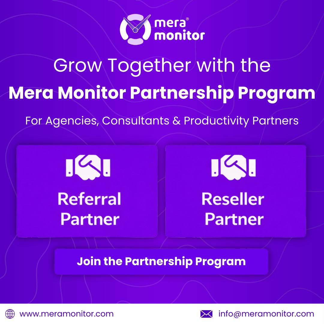 MeraMonitor's tweet photo. Grow with the Mera Monitor Partnership Program

Helping agencies &amp; consultants expand services, build recurring revenue, and deliver ethical productivity insights to clients.

Apply: https://t.co/VIIYODSOJ5

#PartnershipProgram #AgencyPartners #MeraMonitor https://t.co/rOfM3TRgQx