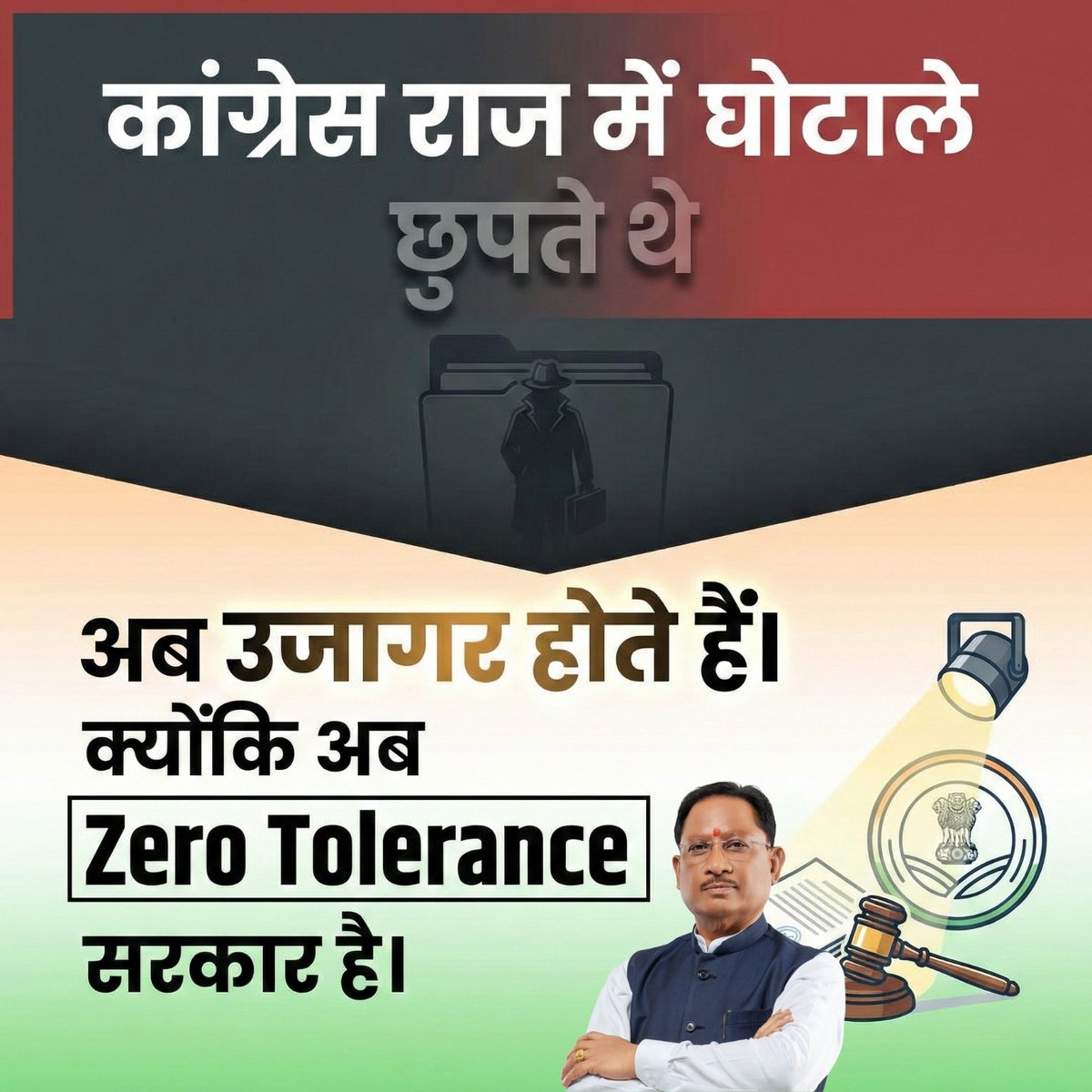 BJP4CGState's tweet photo. कांग्रेस राज में होते थे घोटाले, विष्णु सरकार में है जीरो टॉलरेंस।
#ZeroToleranceCG https://t.co/QrWtC1u4YB