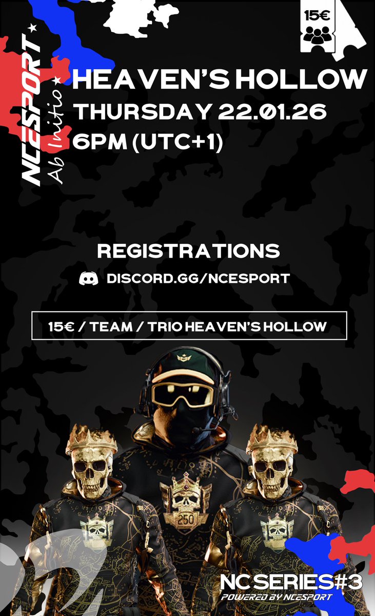 NC Series #3

📆 • 22.01.26
🕕 • 18h (Paris) / 5pm (London)
🎟️ • Entry 15€ (Close Friend) / 17€ (Business / No UE)
📍• Host EU
🗺️ • Heaven’s Hollow

📁 • Registration via Discord:
discord.gg/ncesport

🕘 •21h > Swiss eCup Hosting