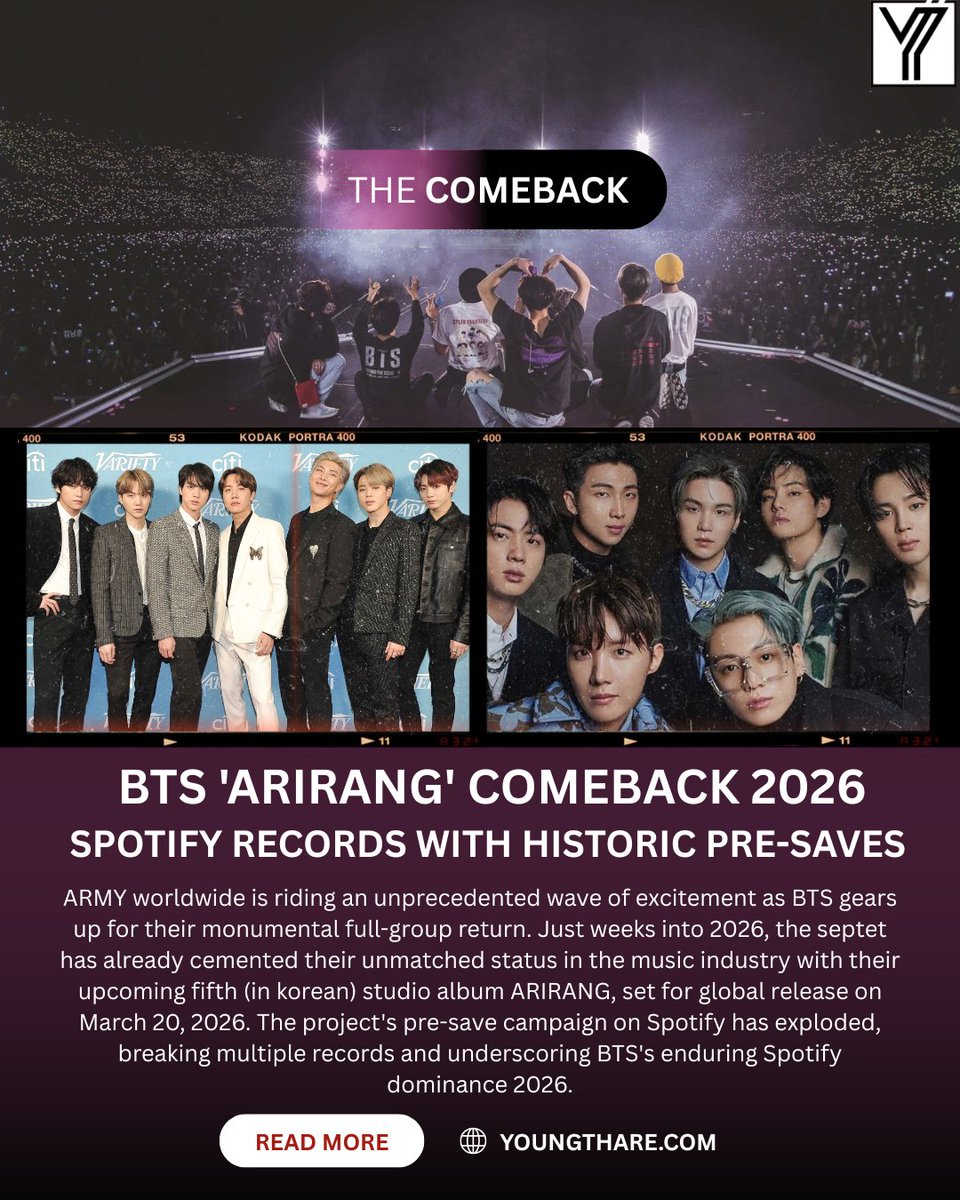 youngthare's tweet photo. Do you know BTS just broke Spotify history before their new album even dropped? 💜🔥

With over 2M pre-saves in days, ARIRANG is already rewriting records and proving BTS’s unmatched dominance in 2026. 

#BTSARIRANG #BTS2026Comeback #SpotifyRecords #BTSWorldTour2026 https://t.co/NUNXzEjiDd