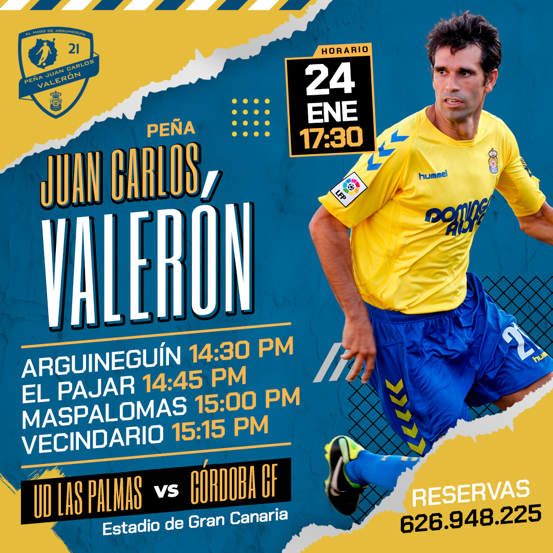 🏆 <a href="/LaLiga2/">LALIGA HYPERMOTION</a> - 23ª Jornada
📅 SAB 24/01/2026
🕒 17:30 h.
🏟️ Estadio de Gran Canaria
🆚 <a href="/UDLP_Oficial/">UD Las Palmas</a> vs <a href="/CordobaCF_ofi/">Córdoba CF</a> 

🚍 Guagua Peña Juan Carlos Valerón

Toda la información en nuestra web bit.ly/LPAvsCOR

#JuanCarlosValerón #ElMagodeArguineguín 🎩⚽️2⃣1⃣💛💙