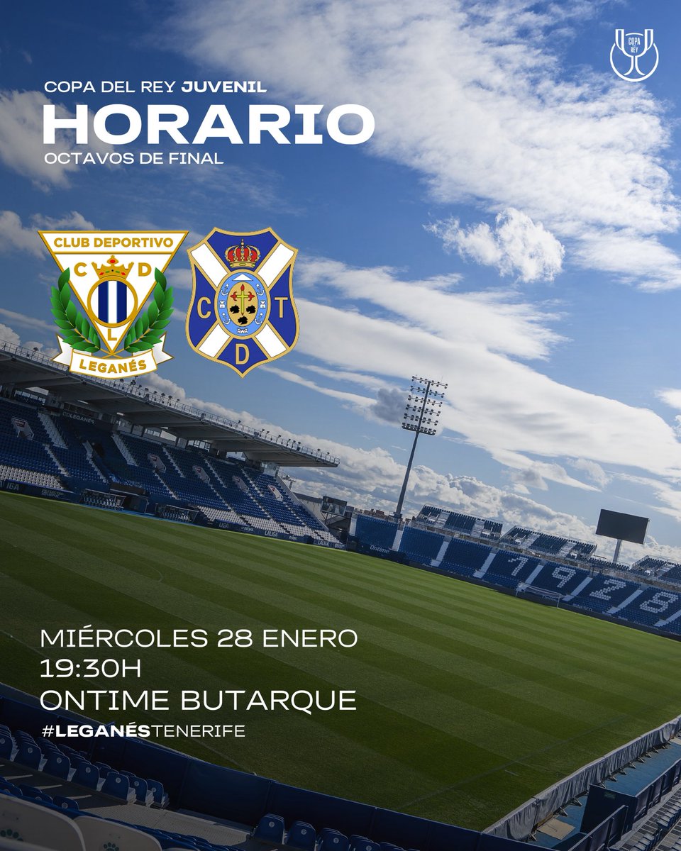 🏟️🏆 El Juvenil A recibirá al <a href="/CDTOficial/">CD Tenerife 🏴󠁧󠁢󠁳󠁣󠁴󠁿</a> en <a href="/ontimebutarque/">Estadio Ontime Butarque</a>. 

El partido correspondiente a los octavos de final de Copa del Rey se disputará el miércoles 28 de enero a las 19:30h. 

🆓 Abonados <a href="/CDLeganes/">C.D. Leganés</a> gratis.
🎟️ Entrada general 8€.

💪 ¡Os esperamos a todos! ⚪️🔵

🔗