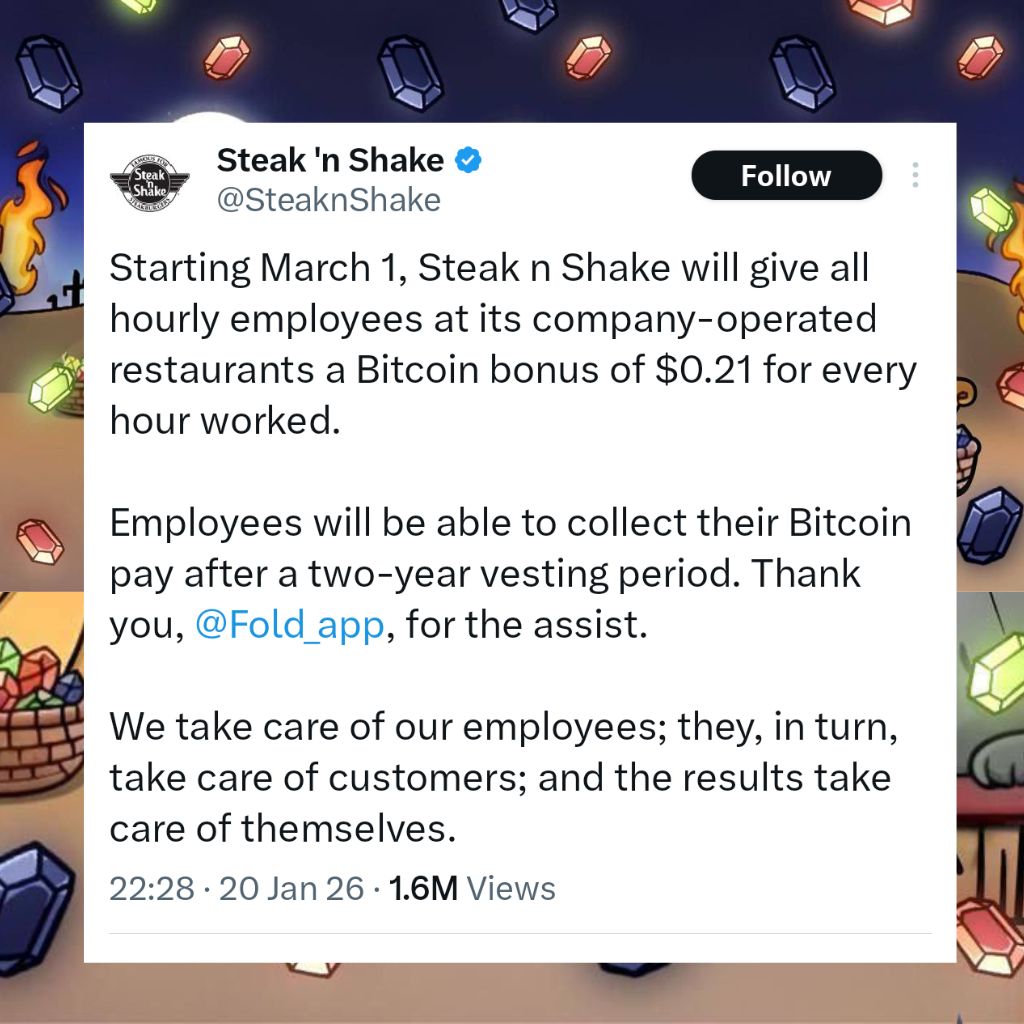 A U.S. fast food chain, has offered Bitcoin bonuses to hourly workers at  its company owned restaurants. Employees gets an extra $0.21 in Bitcoin for  each hour they work, though they must