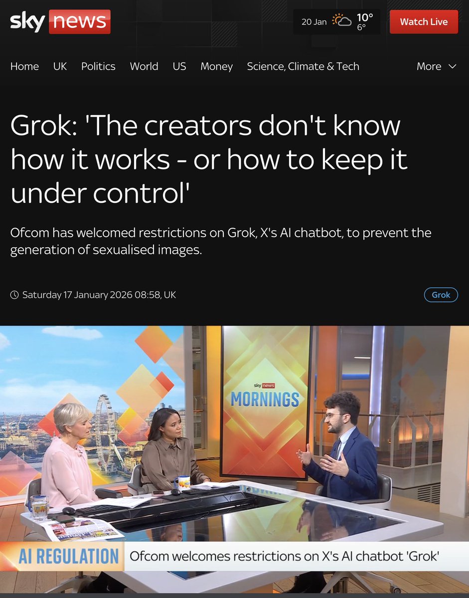 Great to be on <a href="/SkyNews/">Sky News</a> discussing the Grok deepfakes scandal and broader AI problems.

Developers don't really understand how these AIs work internally or how to keep them under control.

As companies keep racing to superintelligence, the threat is only growing.
