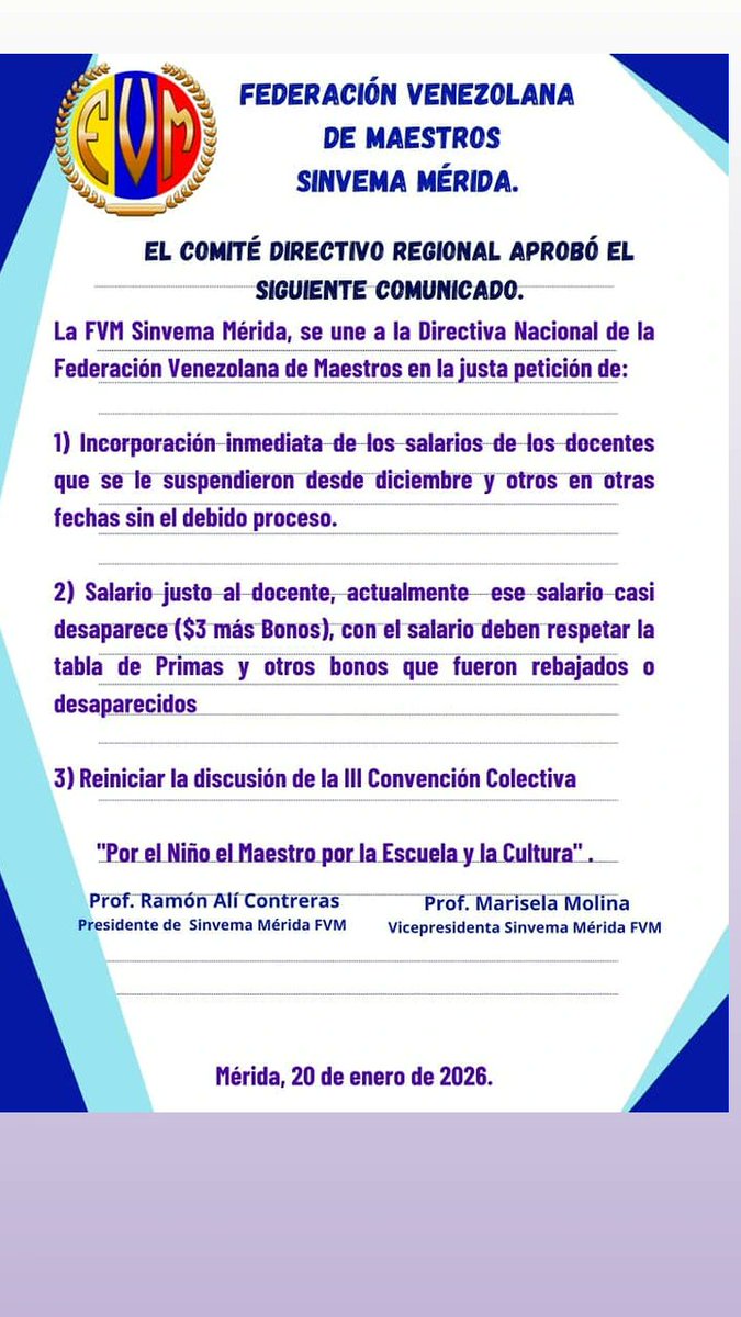 #Venezuela #salariomínimo2026 #SalarioVitalDigno <a href="/GremioDocente/">GremioDocente</a> <a href="/fevemaestros/">FVMaestros</a> <a href="/fvmluchaonline/">Federación Venezolana de Maestros</a>