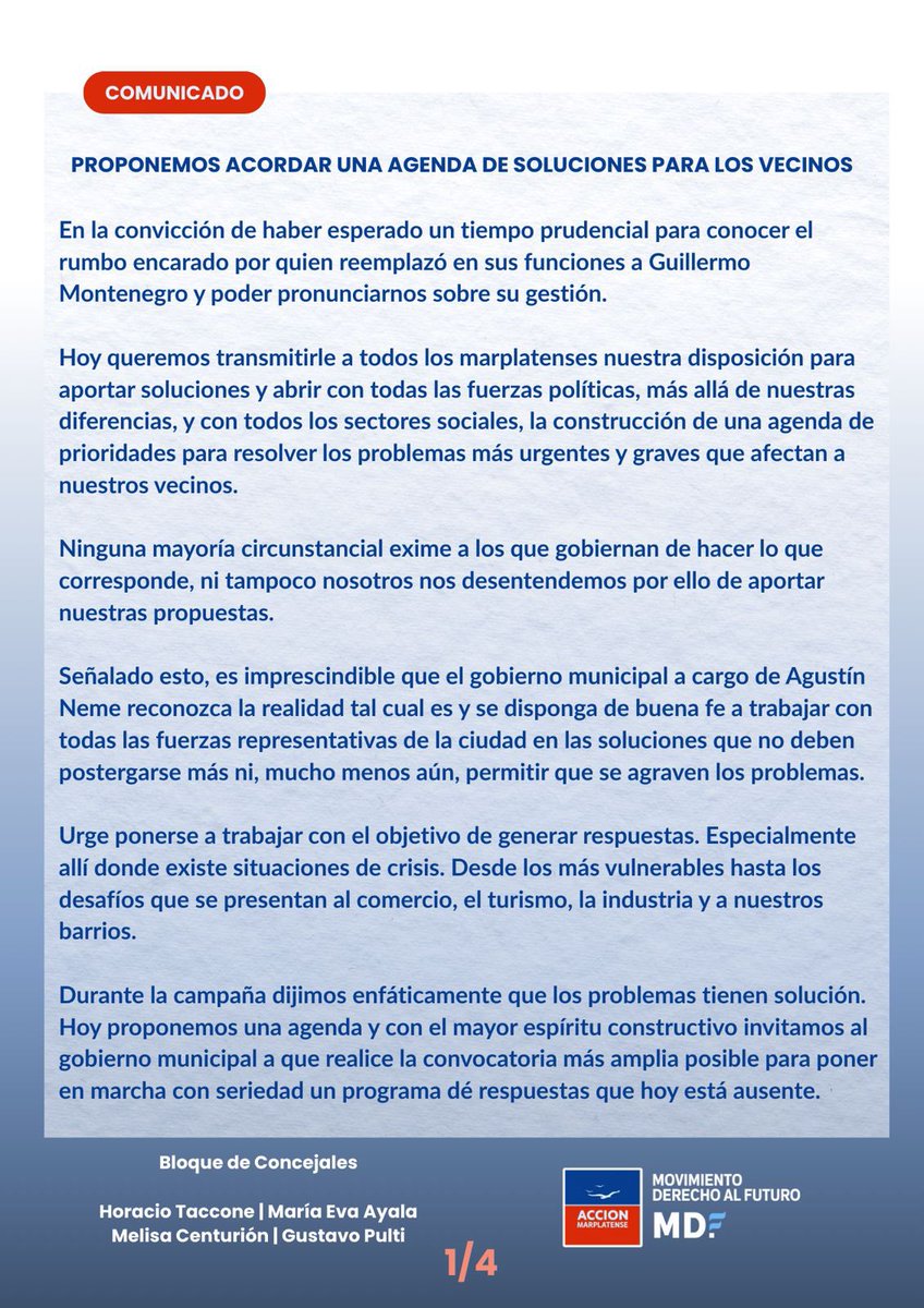GustavoPulti's tweet photo. Desde AM / Movimiento Derecho al Futuro proponemos una agenda de soluciones para los vecinos y vecinas de Mar del Plata y Batán.

Después de esperar un tiempo prudencial para conocer el rumbo encarado ante el reemplazo de Montenegro, convocamos a todas las fuerzas políticas y sectores sociales a trabajar sobre 10 ejes urgentes para enfrentar los problemas más graves de la ciudad.

Con espíritu constructivo, ninguna mayoría circunstancial exime a quienes gobiernan de hacer lo que corresponde, ni nosotros nos desentendemos de aportar propuestas.

Gestión, planificación y soluciones concretas.

📄 Compartimos el texto completo del documento en las placas.