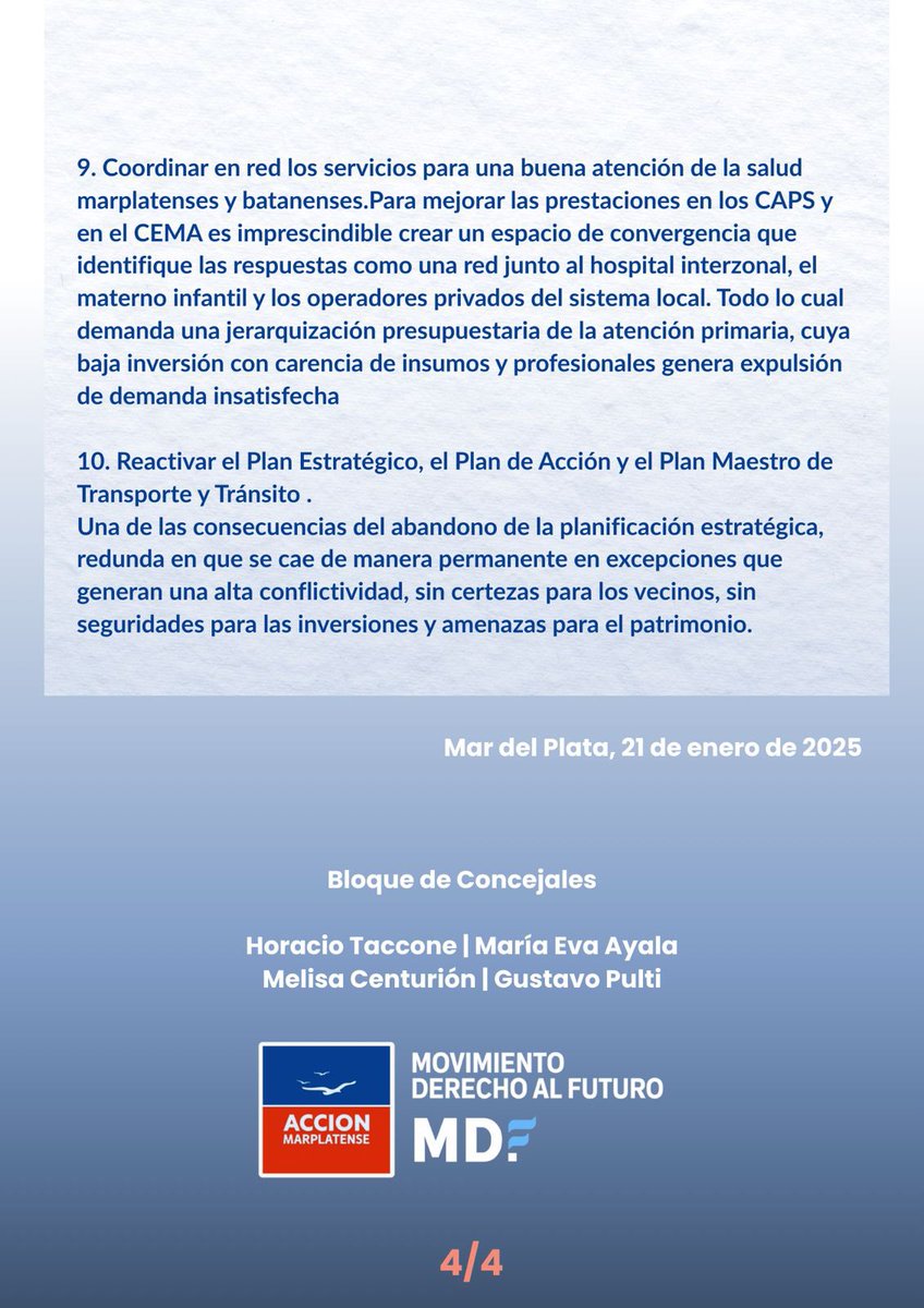 GustavoPulti's tweet photo. Desde AM / Movimiento Derecho al Futuro proponemos una agenda de soluciones para los vecinos y vecinas de Mar del Plata y Batán.

Después de esperar un tiempo prudencial para conocer el rumbo encarado ante el reemplazo de Montenegro, convocamos a todas las fuerzas políticas y sectores sociales a trabajar sobre 10 ejes urgentes para enfrentar los problemas más graves de la ciudad.

Con espíritu constructivo, ninguna mayoría circunstancial exime a quienes gobiernan de hacer lo que corresponde, ni nosotros nos desentendemos de aportar propuestas.

Gestión, planificación y soluciones concretas.

📄 Compartimos el texto completo del documento en las placas.