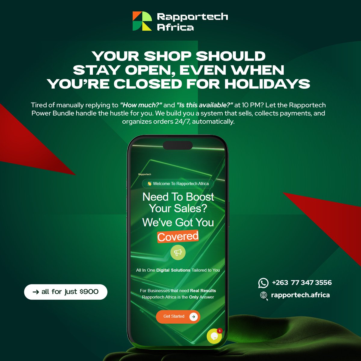 Rapportech263's tweet photo. We build systems that sell, take payments, and manage orders 24/7, automatically.
All for just $900!
Smart setup, Less stress & More sales.
๐ฒ Get started today!
WhatsApp: +263 77 347 3556
๐ https://t.co/03pH6c5Ui4
#RapportechAfrica #AutomateYourBusiness #SmartSelling #DigitalSolutions #OnlineSales #SmallBusinessAfrica #ZimbabweBusinesses #EcommerceSolutions #BusinessGrowth