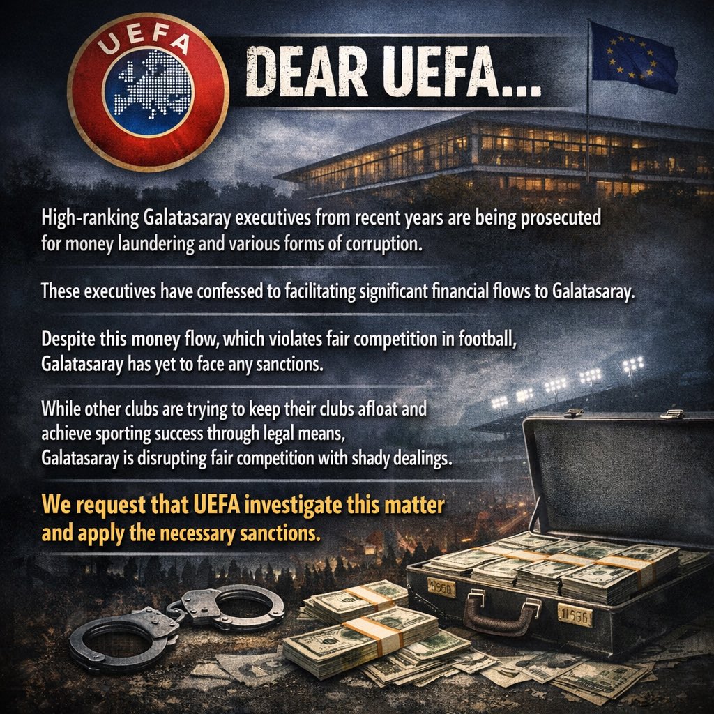 S_HazinogLu's tweet image. Haydi bu görselin altına UEFA’yı etiketleyerek ve görseli mail atarak UEFA’ya göndererek şikayetlerimizi iletelim.

UEFA’nın Mail Adresi ; media.accreditations@uefa.ch

Çeviri ; Sayın UEFA...

Son yıllarda Galatasaray'ın üst düzey yöneticileri, kara para aklama ve çeşitli…