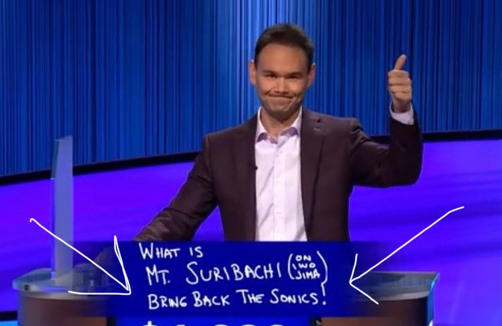 AaronLevine_'s tweet image. And so the #Jeopardy career ends with three wins, two losses…
 
…and one mic drop: “BRING BACK THE SONICS!”
 
It’s far past time, @NBA. #Seattle is ready.