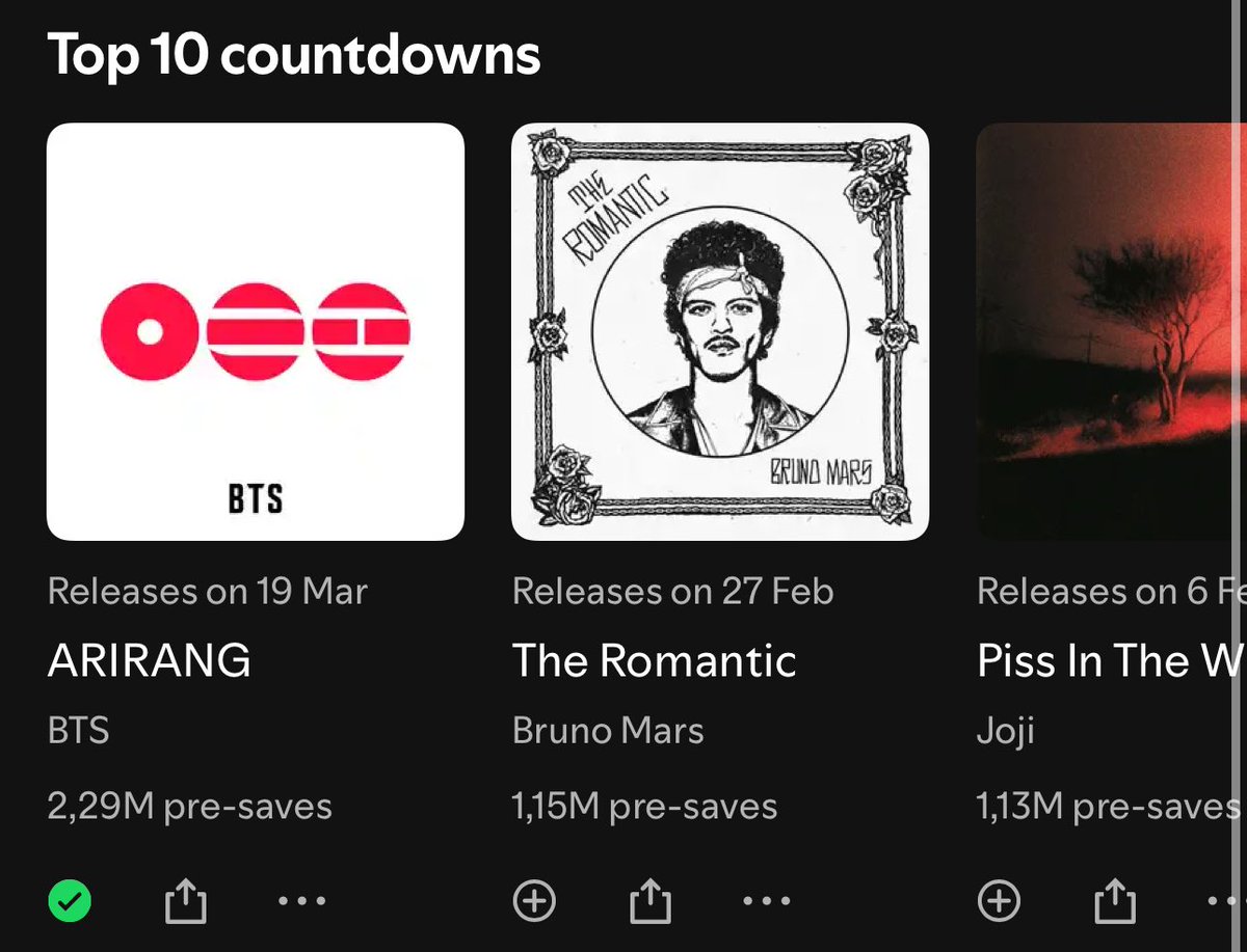 btschartsdailyc's tweet image. 📊| #BTS_ARIRANG has surpassed 2.2M MILLION pre-saves on Spotify!

CONGRATULATIONS BTS
✅ PRE-SAVE NOW: open.spotify.com/prerelease/1Dc…