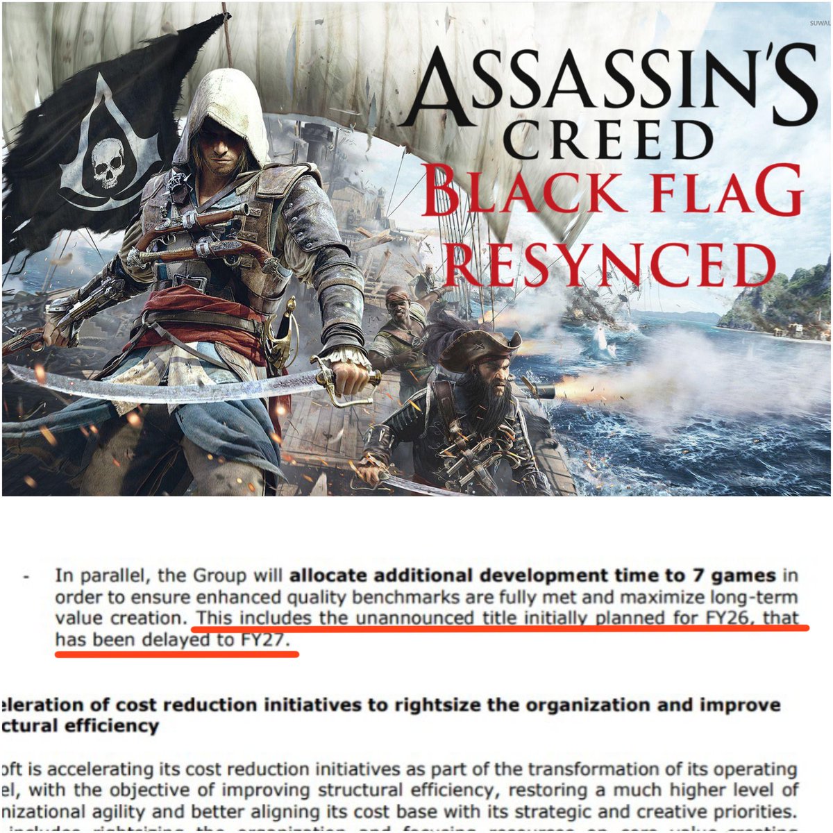TheRealZephryss's tweet image. BREAKING 🚨

Assassin’s Creed Black Flag Resynced has been delayed. It was initially planned for FY26 but has now been pushed to FY27 to ensure that enhanced quality benchmarks are fully met.