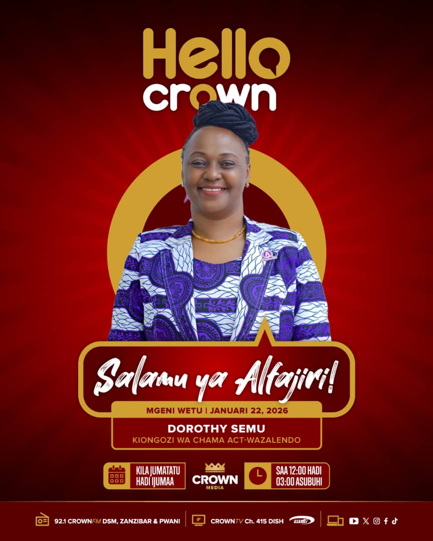 ACTwazalendo's tweet photo. Kesho Asubuhi Januari 22, 2026 Kiongozi wa @ACTwazalendo, Ndugu @SemuDorothy atakuwa katika Kipindi cha Hello Crown.

#TaifaLaWote #MaslahiYaWote https://t.co/YEWgPaqlvb