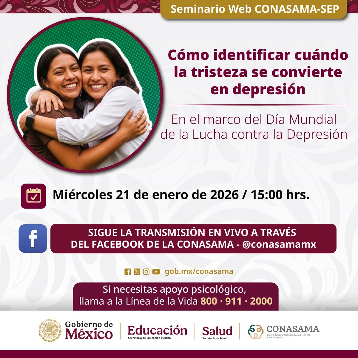 Hablar de tristeza también es hablar de prevención.

Acompáñanos en el Seminario Web CONASAMA-<a href="/SEP_mx/">SEP México</a>: Cómo identificar cuando la tristeza se convierte en depresión, donde aprenderás a reconocer las primeras señales de la depresión. Participa el mtro. Víctor Oswaldo Orozco