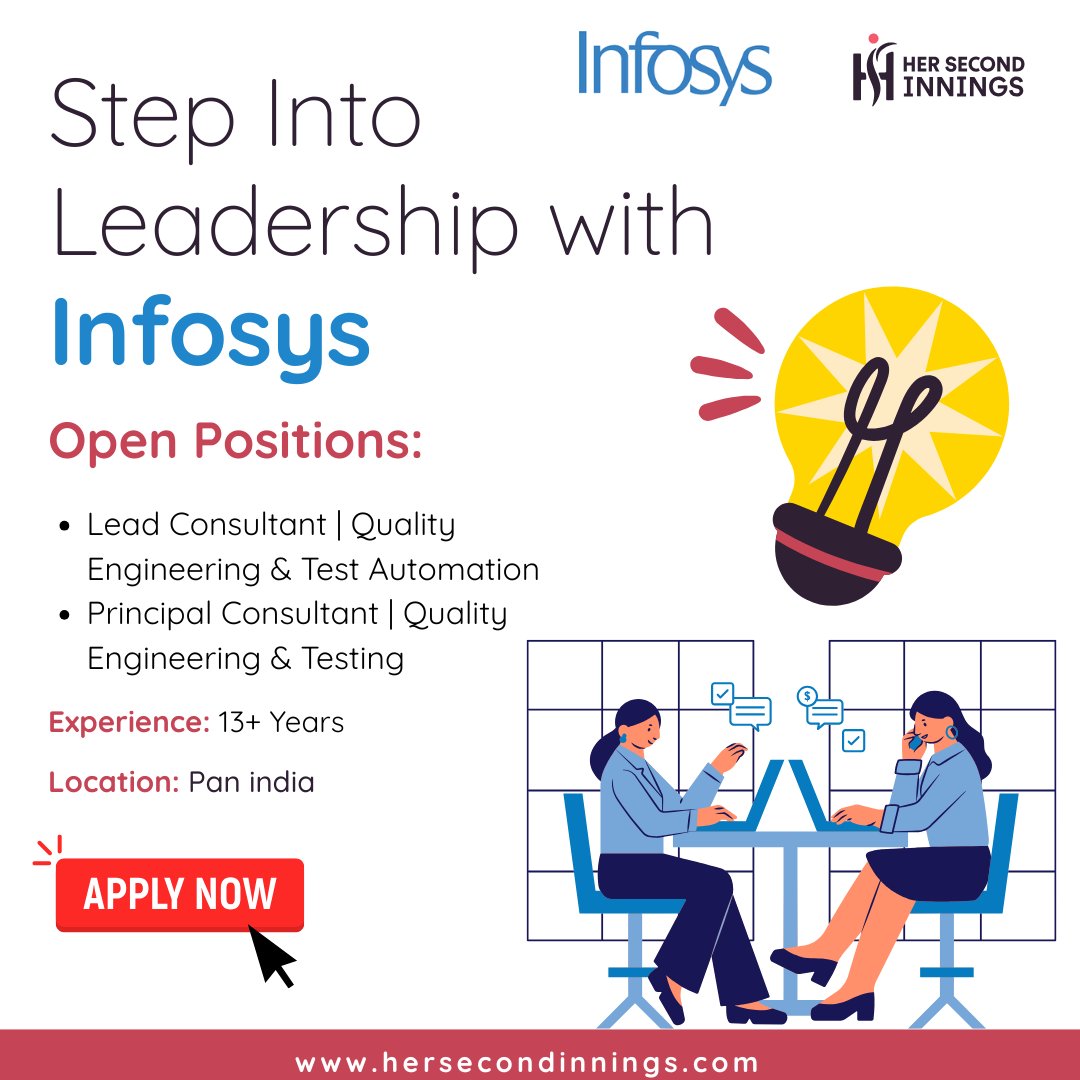 Open Positions:

Lead Consultant – Quality Engineering &amp; Test Automation

Click here:hersecondinnings.com/careers/?job_i…

Principal Consultant – Quality Engineering &amp; Testing

Click here:hersecondinnings.com/careers/?job_i…

#InfosysHiring #QualityEngineering #TestAutomation #LeadershipRoles