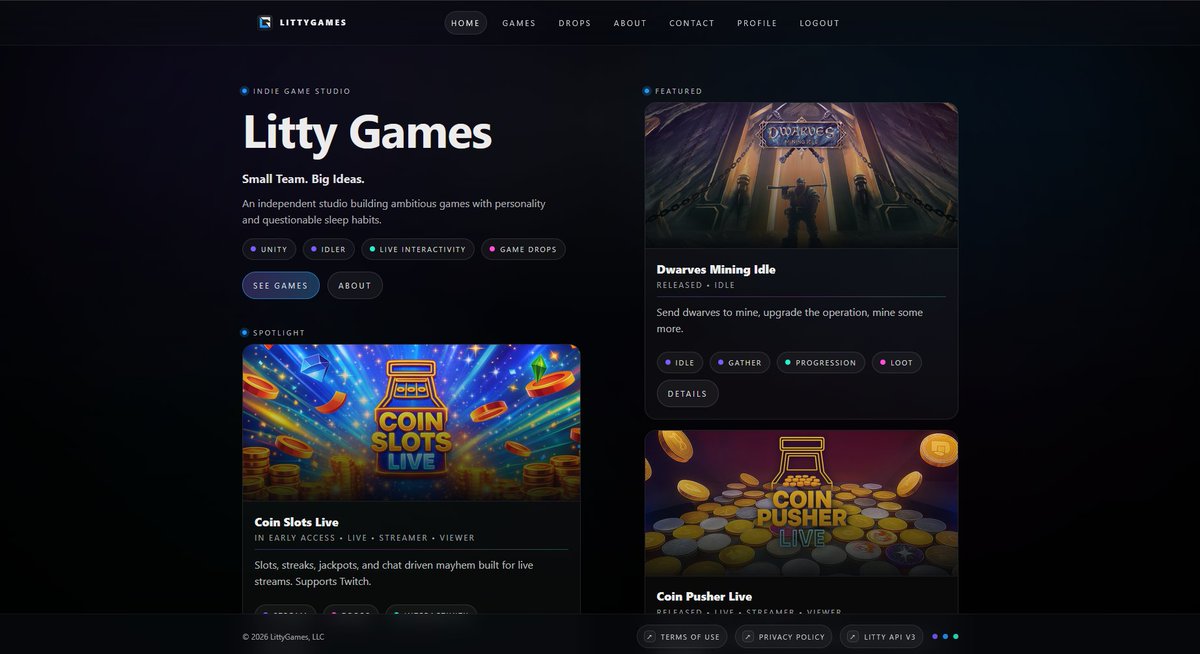 New website up! Using ReactJS on a new OVH Server with our new custom API v3 backend. 2026 starts strong!

Come check out the new site and new games on the way! LittyGames.net .

#littygames #steam #indie #gamedevs