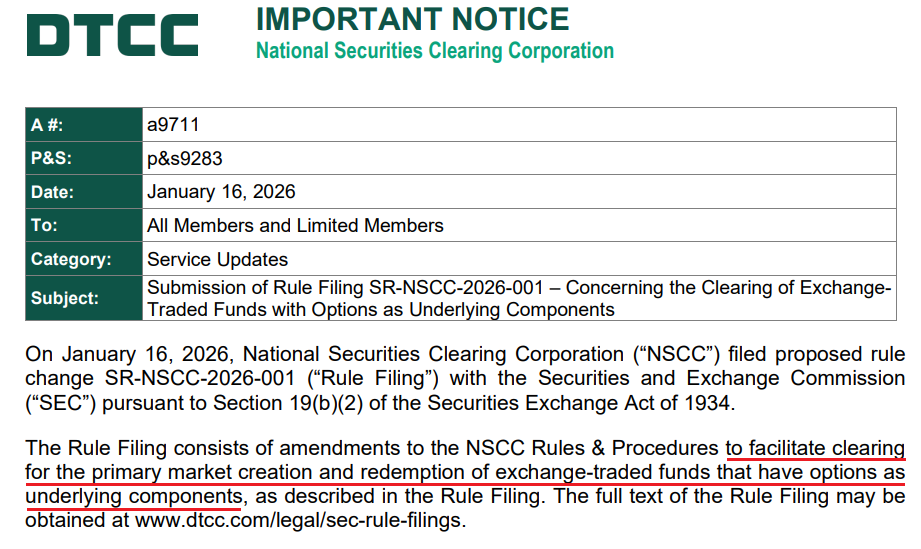 NSCC to implement a new ETF Create/Redeem reporting file, going live March 16th

Coincidentally, the NSCC just submitted a new rule to allow C/R clearing of ETFs with options as the underlying

Who wants to bet this filing gets fast-tracked for approval by March?