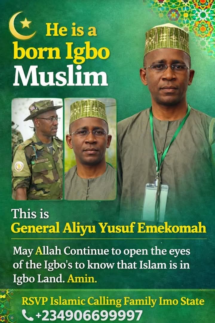 ana_herleemerh's tweet image. He is a born Igbo Muslim

This is General Aliyu Yusuf Emekomah

May Allah Continue to open the eyes of the Igbo's to know that Islam is in Igbo Land.
Amin.

By 2030 In shaa Allah the whole of South East will be 90% Muslims🤲 Ameen ya Allah, save all Igbos and Nigerians from Idol…