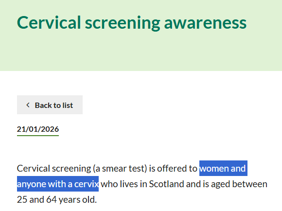 zeno001's tweet image. Seriously, @nhsfife?

"women and anyone with a cervix"

Have you learned nothing from your embarrassing cross-examination in the #SandiePeggie case?

Cervical screening awareness | NHS Fife

nhsfife.org/news-updates/l…