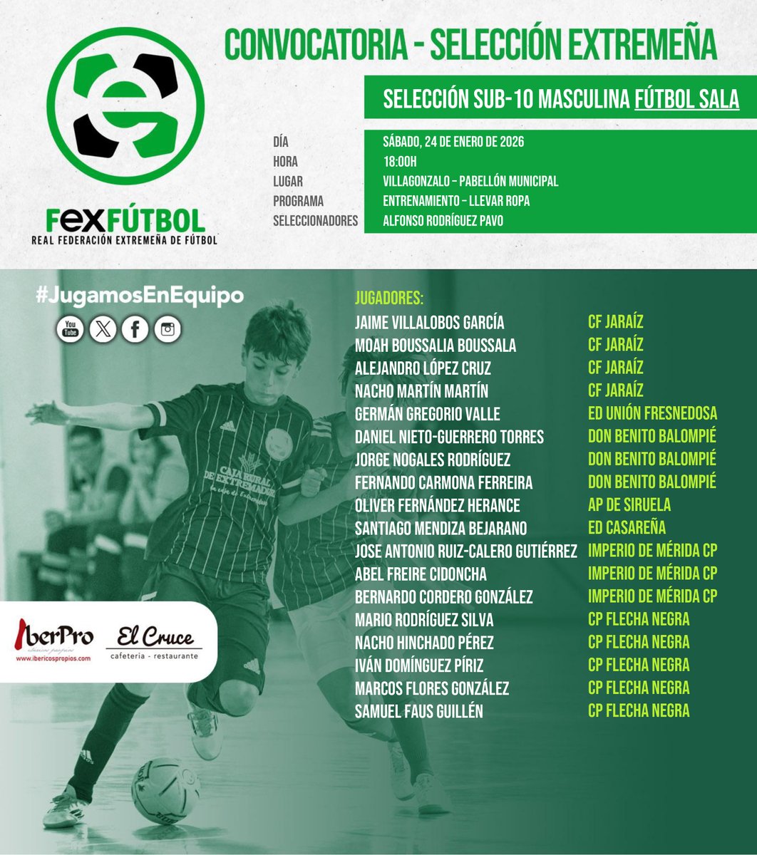 FedExFutbol's tweet photo. 💚🤍🖤 | #SelecciónExtremeña |

📌Nuevas convocatorias para las Selecciones EXTREMEÑAS Masculinas y Femeninas de #FútbolSala el próximo fin de semana en 📍Mirandilla y 📍Villagonzalo.

#SomosFEXFUTBOL
#VamosExtremeña https://t.co/ZpRRICMaiE