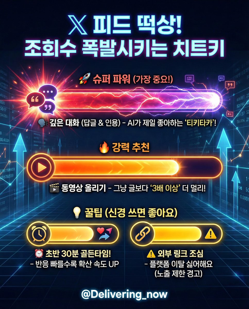 Delivering_now's tweet image. X 피드에 떡상! 아주 특별한 치트기를 준비했어요.! 짜잔!

1.깊은대화(답글&amp;amp;인용) 이것이 제일 중요하고
2.동영상 올리기 글보다 3배이상
3.초반30분 반응속도(글올리자마자 댓글 중요)
4.외부링크 절대금지(경험해봤어요)

이렇게하면 홈피드에 떡상을 한다는데 당신 생각은 어때요?
한번 같이