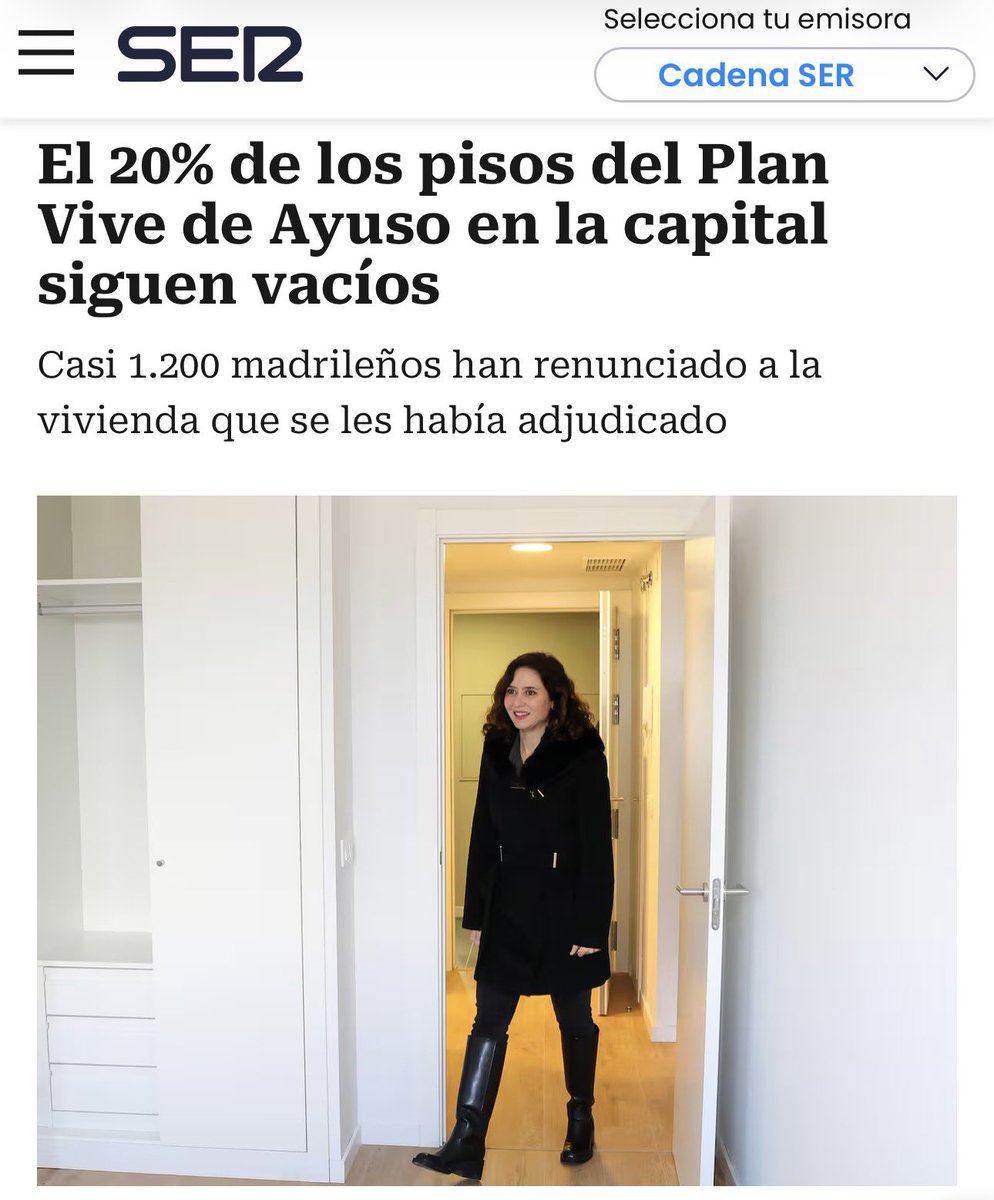 Prometió 25.000 viviendas. Siete años después apenas ha entregado 5.000. Y de esas, 1 de cada 5 en Madrid sigue vacía porque ni son asequibles ni son de buena calidad.

El Plan VIVE de Ayuso: ni vive ni deja vivir.
cadenaser.com/cmadrid/2026/0…