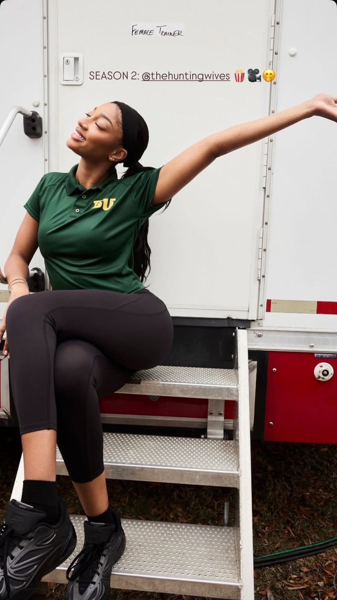 Angel Reese on set of Netflix's 'The Hunting Wives' Season 2. Her role is described as “Trainer Barbie.”