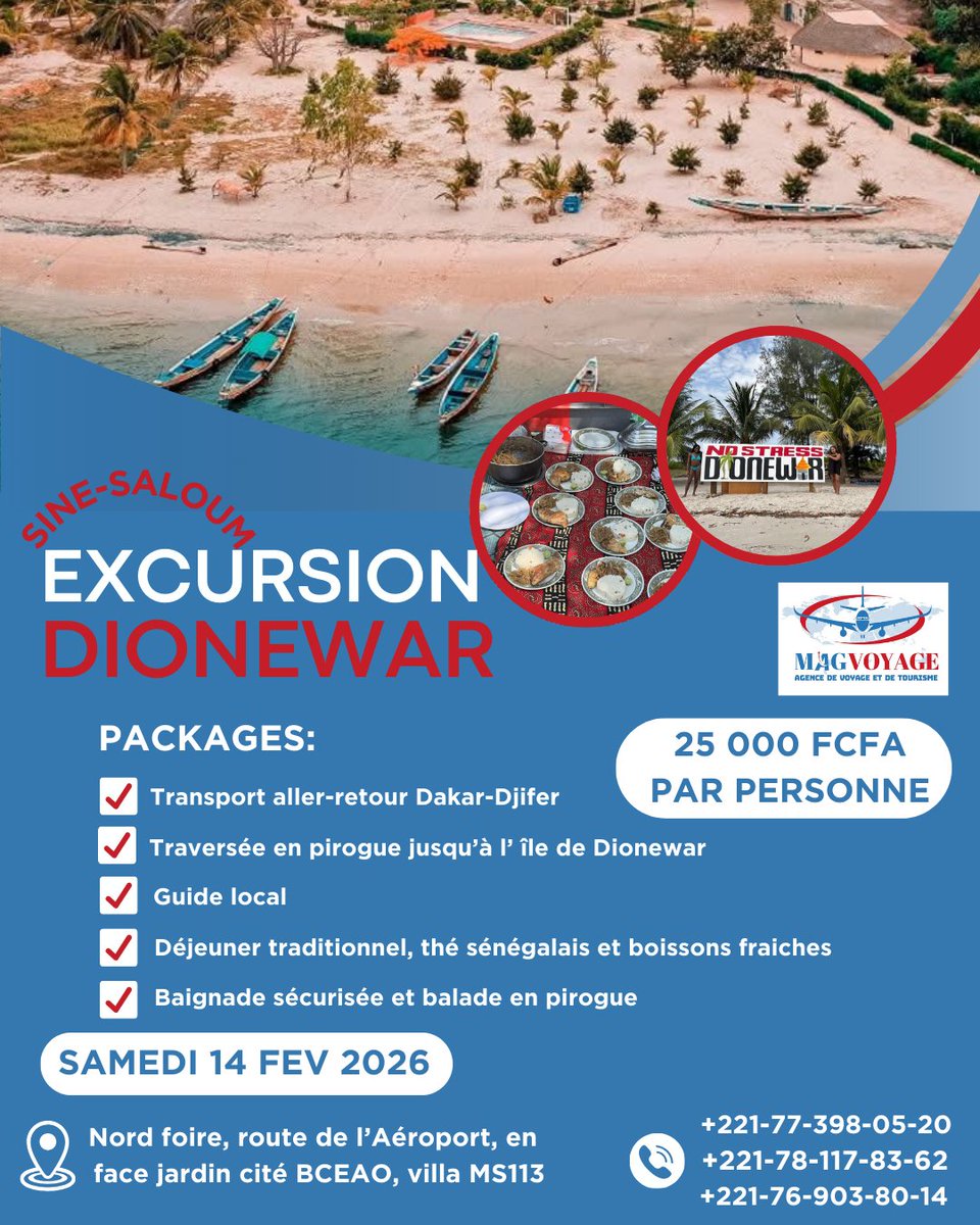 MAGVOYAGE24's tweet photo. 🌴✨ Excursion Sine Saloum – Dionewar ✨🌴
📅 Samedi 14 février 2025

🔥 Partez avec MAGVOYAGE pour une expérience unique au cœur du Sine Saloum !
Nature, culture, détente et paysages à couper le souffle vous attendent.

💰 Tarif : 25 000 FCFA / personne https://t.co/8ceWpAlVDA