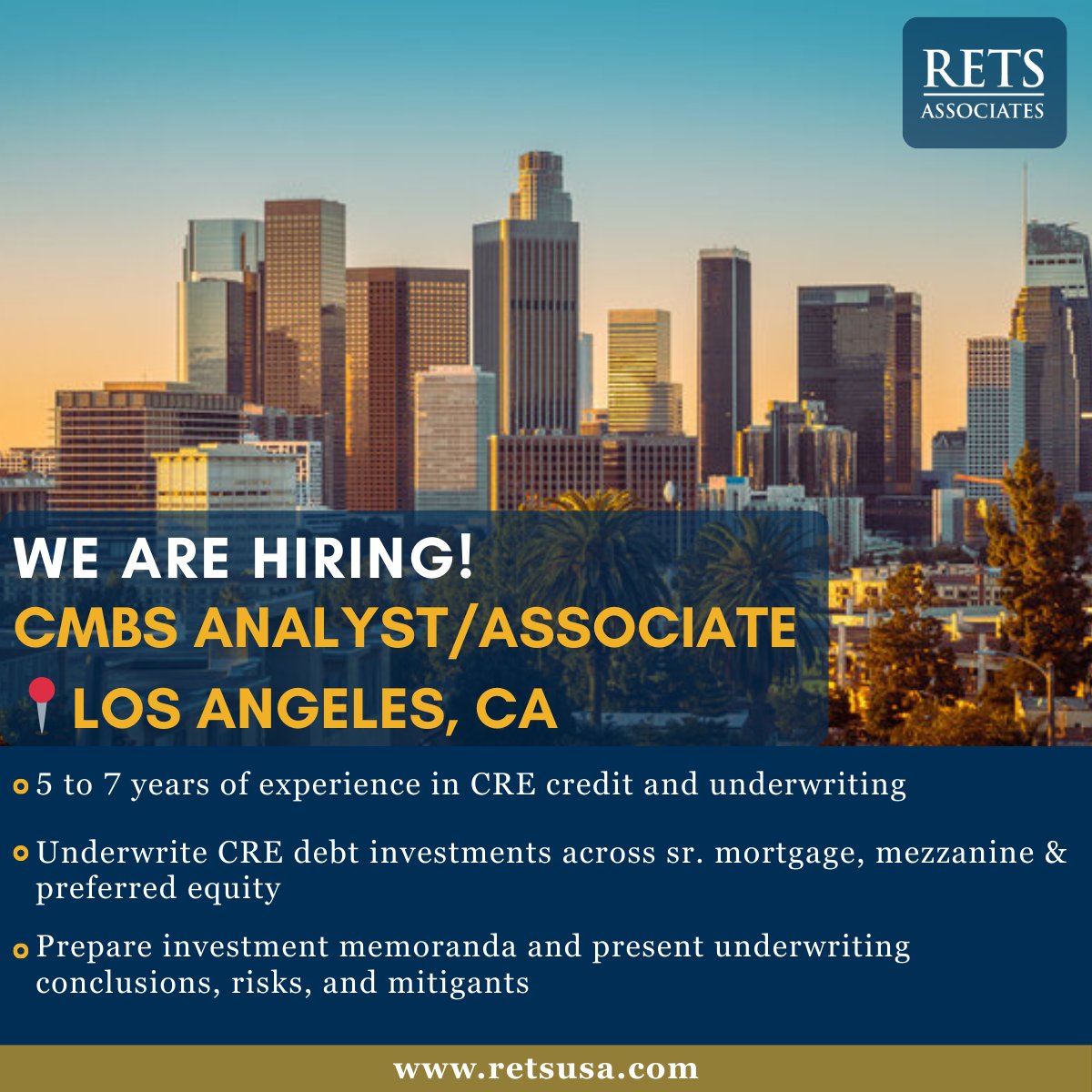 RETSAssociates's tweet photo. We are hiring a CMBS/CRE Analyst or Associate in Los Angeles to join a top institutional CRE investment platform.  https://t.co/AyF8HMN2zP

✅ 5 to 7 yrs CRE credit + underwriting
✅ Strong Excel (ARGUS preferred)
✅ Exposure to bridge/life co lending a plus https://t.co/4yCkg0CRMS
