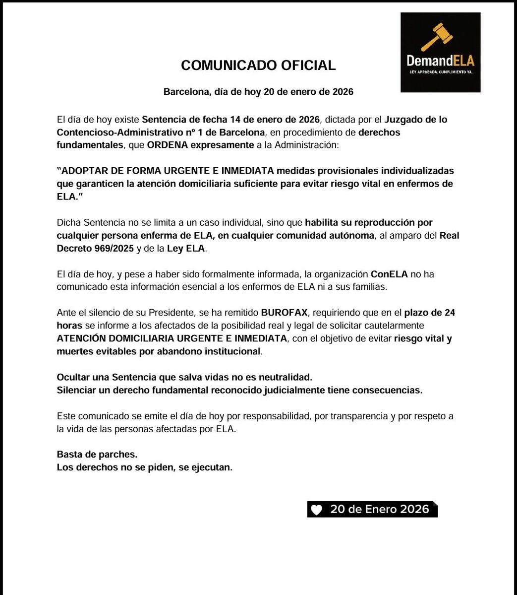 Hay una sentencia judicial que ordena atención domiciliaria urgente e inmediata para enfermos de ELA con riesgo vital.
📌 Es reproducible en toda España.
❗ Y no se ha informado a los afectados.
🛑 Ocultar una sentencia que salva vidas no es neutralidad.
#ela <a href="/ConyazoMas/">Esteban Gómez Rovira</a>