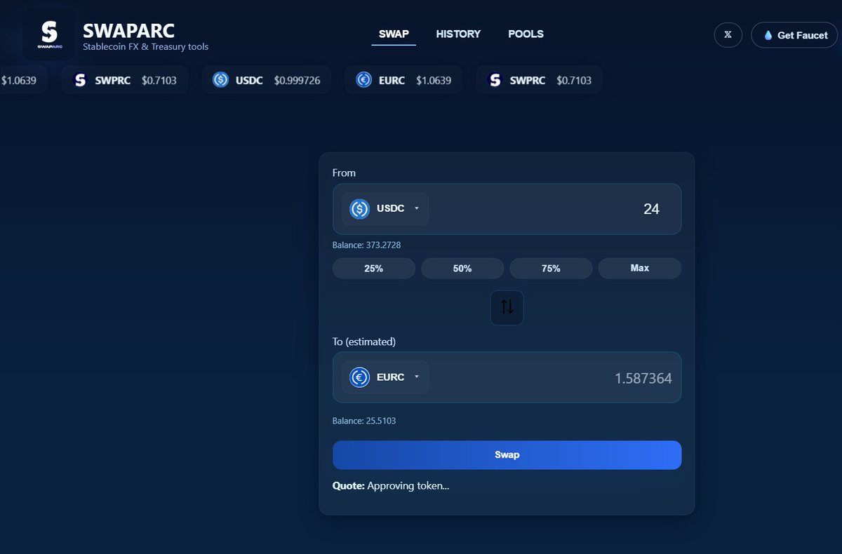 biltechie's tweet image. New interaction on @ArcFlowFinance testnet
_&amp;gt; you can easily swap from USDC to EURC
_&amp;gt; Add to the pool