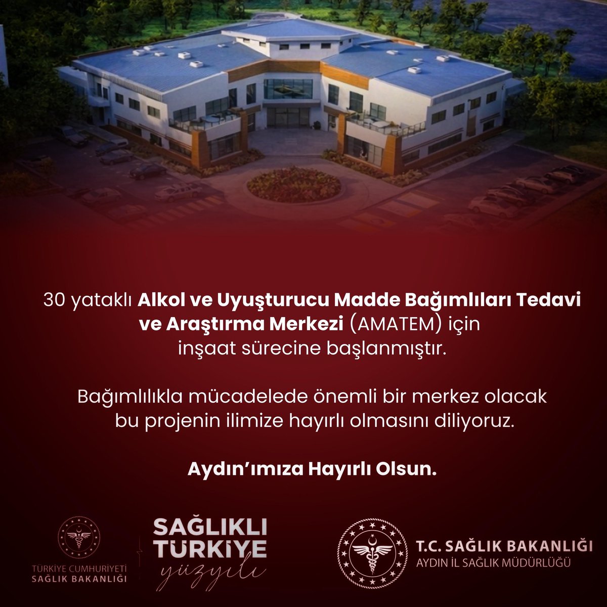 30 yataklı Alkol ve Uyuşturucu Madde Bağımlıları Tedavi ve Araştırma Merkezi (AMATEM) inşaat sürecine başlanmıştır.

Bağımlılıkla mücadelede önemli bir merkez olacak
 bu projenin ilimize hayırlı olmasını diliyoruz.

Aydın’ımıza hayırlı olsun. 

#SağlıktaTürkiyeYüzyılı