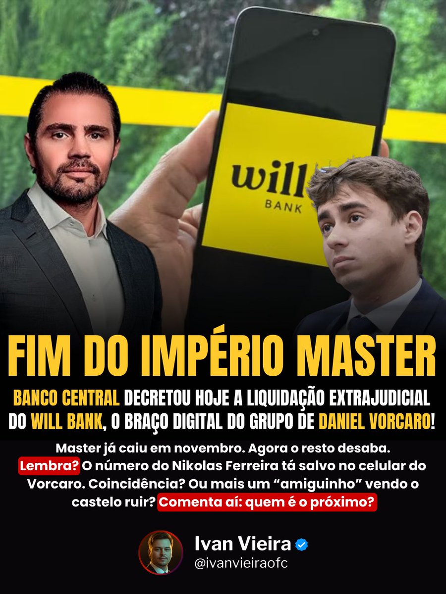 FIM DO WILL BANK
Banco Central liquida braço digital do grupo Master.
Vorcaro cai, o app cai, o dinheiro some.
Número do Nikolas Ferreira tá no celular do caloteiro.
Detalhe: até agora o deputado não abre a boca.
Compartilha antes que deletem.