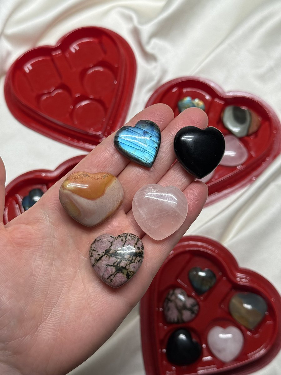 Our iconic Crystal Heart bundles are BACK! 

Our most affordable option is the classic bundle, featuring 5 crystal hearts in a (sanitized) chocolate heart box. 

$25 each, only 6 available! Launching at 11am MT 💝