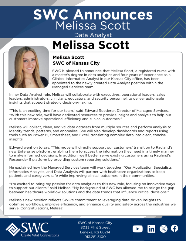 SWC is pleased to announce that Melissa Scott has been appointed to the newly created Data Analyst position within the #ManagedServices team. Congrats, Melissa!