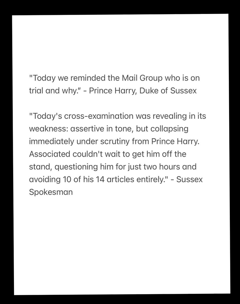 “Today we reminded the Mail Group who is on trial and why.” - Prince Harry 

“Today's cross-examination was revealing in its weakness: assertive in tone, but collapsing immediately under scrutiny from Prince Harry” - Spokesman for the Sussexes 👏🏼

#PrinceHarry