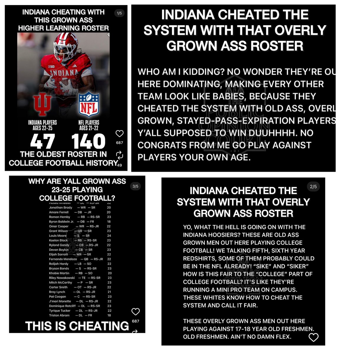 Looks like peeps mad that lost their bets on the Miami Hurricanes are finally finding out about that massive age gap Indiana Hoosiers had which was their major advantage this season 2 bad it’s a day late &amp; a dollar short we told u “it’s a team of grown men” lol #rekt 😹👉 🧔🏾‍♂️👨🏻‍🦰👨🏻‍🦱