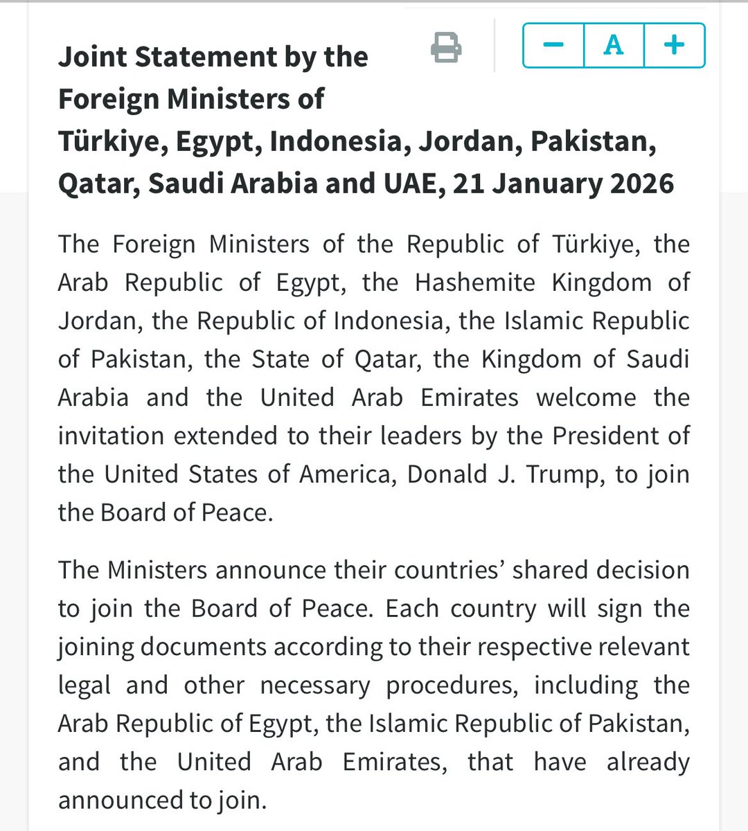 NEW: Eight Muslim nations jointly announce that they accept Trump’s invitation join the Board of Peace 

• Turkey, Egypt, Indonesia, Jordan, Pakistan, Qatar, Saudi Arabia and UAE