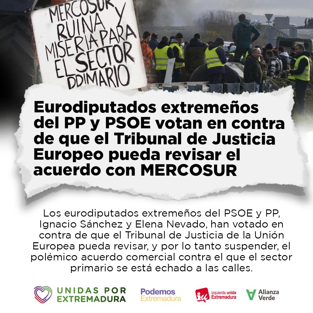 🚜Finalmente el Parlamento Europeo ha paralizado el acuerdo, pero el campo extremeño tiene al enemigo en casa.

#StopMercosur