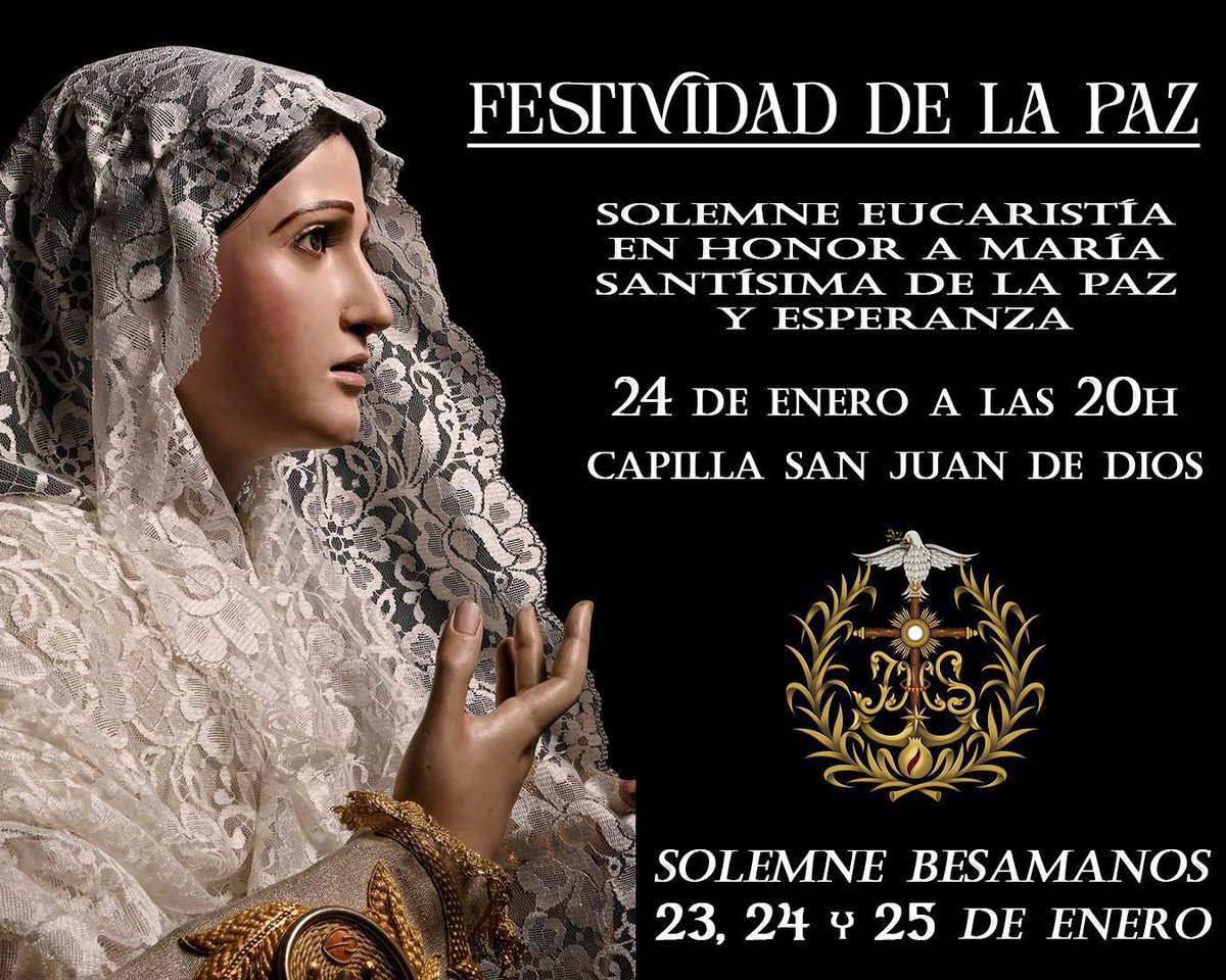 🕊️💚SOLEMNIDAD DE LA PAZ💚🕊️

Así se presenta ataviada María Santísima de La Paz y Esperanza para su próxima festividad de La Paz.

Además, por tal motivo, estará nuestra Bendita Madre en Solemne Besamanos en nuestra Capilla San Juan de Dios durante todo este fin de semana.