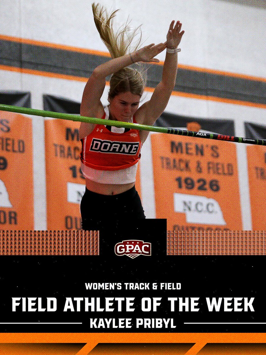 Congrats to Kaylee Pribyl on being named the GPAC Women's Field Athlete of the Week. She won the pole vault this past weekend at the Scott Nisely Memorial Classic with a NAIA automatic qualifying mark. #DoaneTF