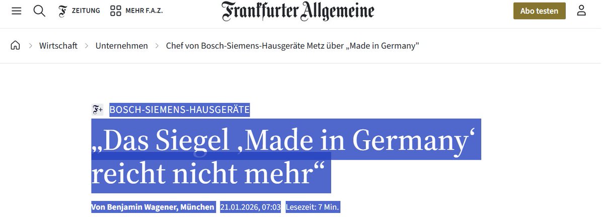 E_Boeminghaus's tweet photo. Historisch - „Made in Germany“ ist zu teuer geworden. Jetzt trifft es selbst Bosch-Siemens-Hausgeräte und zwei deutsche Werke schließen.

Zitat: "Die Kunden wissen, dass Produkte, die zum Beispiel aus anderen europäischen Ländern, aus China oder aus Indien kommen, auch von hoher Qualität sind, zu oftmals deutlich niedrigeren Preisen.!

#Industriekrise #MadeInGermany #BSH #Deindustrialisierung

Standortnachteile: Der Chef von Bosch-Siemens-Hausgeräte erklärt offen, warum zwei Werke in Nauen und Bretten schließen müssen. Hohe Lohnkosten, viele Feiertage, steigende Lohnnebenkosten und zusätzliche Regulierung machen die Produktion in Deutschland im internationalen Wettbewerb nicht mehr wettbewerbsfähig. Gleichzeitig greifen Kunden immer häufiger zu günstigeren asiatischen Produkten bei vergleichbarer Qualität.

Politische Rahmenbedingungen: Besonders das Lieferkettensorgfaltspflichtengesetz und der europäische CO₂-Grenzausgleich verteuern die Produktion zusätzlich. Während deutsche Hersteller diese Kosten tragen müssen, importierte Komplettprodukte bleiben davon verschont. In einem margenschwachen Markt entscheiden wenige Euro über Wettbewerbsfähigkeit und genau diese fehlen am Standort Deutschland zunehmend.

Deutschland verliert gerade Stück für Stück seine industrielle Basis und niemand in der Politik will die Konsequenzen ehrlich benennen.

Vielen Dank für den wichtigen Hinweis!

Quelle: F.A.Z.

https://t.co/Ij65h1wEbK