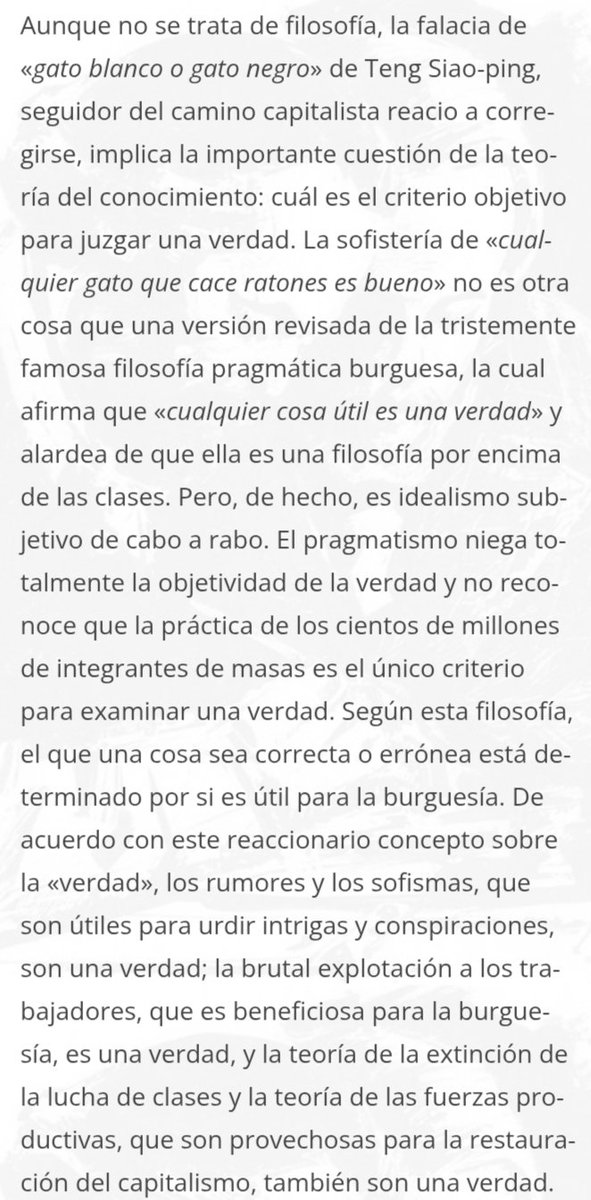 avila62295's tweet photo. @zhu_jingyang "Esta persona [Deng XiaoPing] no se empeña en la lucha de clases; nunca ha mencionado esta clave. Sigue todavía con su ‘gato blanco o gato negro’, sin hacer distinción entre el imperialismo y el marxismo"
Mao Tse Tung

[https://t.co/HwMNq83DZE] https://t.co/DsQPvwCHYr