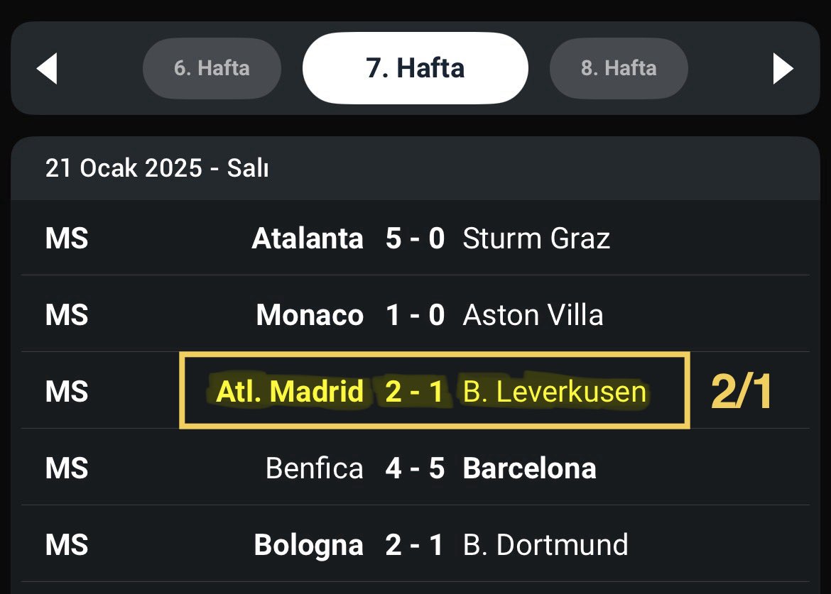 matrixiddaa's tweet image. Geçen yıl Şampiyonlar ligi 7. Haftası Atl. Madrid - Leverkusen 2/1.

Atl. Madrid’in rakibi Leverkusen, 1-0 skor ile geliyor. (Rakip İnter)

Bu sene 7. Hafta Atl. Madrid’in rakibi Galatasaray da 1-0 skorla geliyor. Buna ek olarak 6. Hafta İnter yine 1-0 yenilmiş. Yenildiği takım…