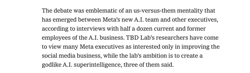 _NathanCalvin's tweet photo. Normal corporate debates at work in 2025 at Meta - some of your colleagues want to focus on using AI to improve the ad business, some of them want to build "godlike superintelligence." 

Great reporting from @elitanjourno. https://t.co/baPEHTCl6M